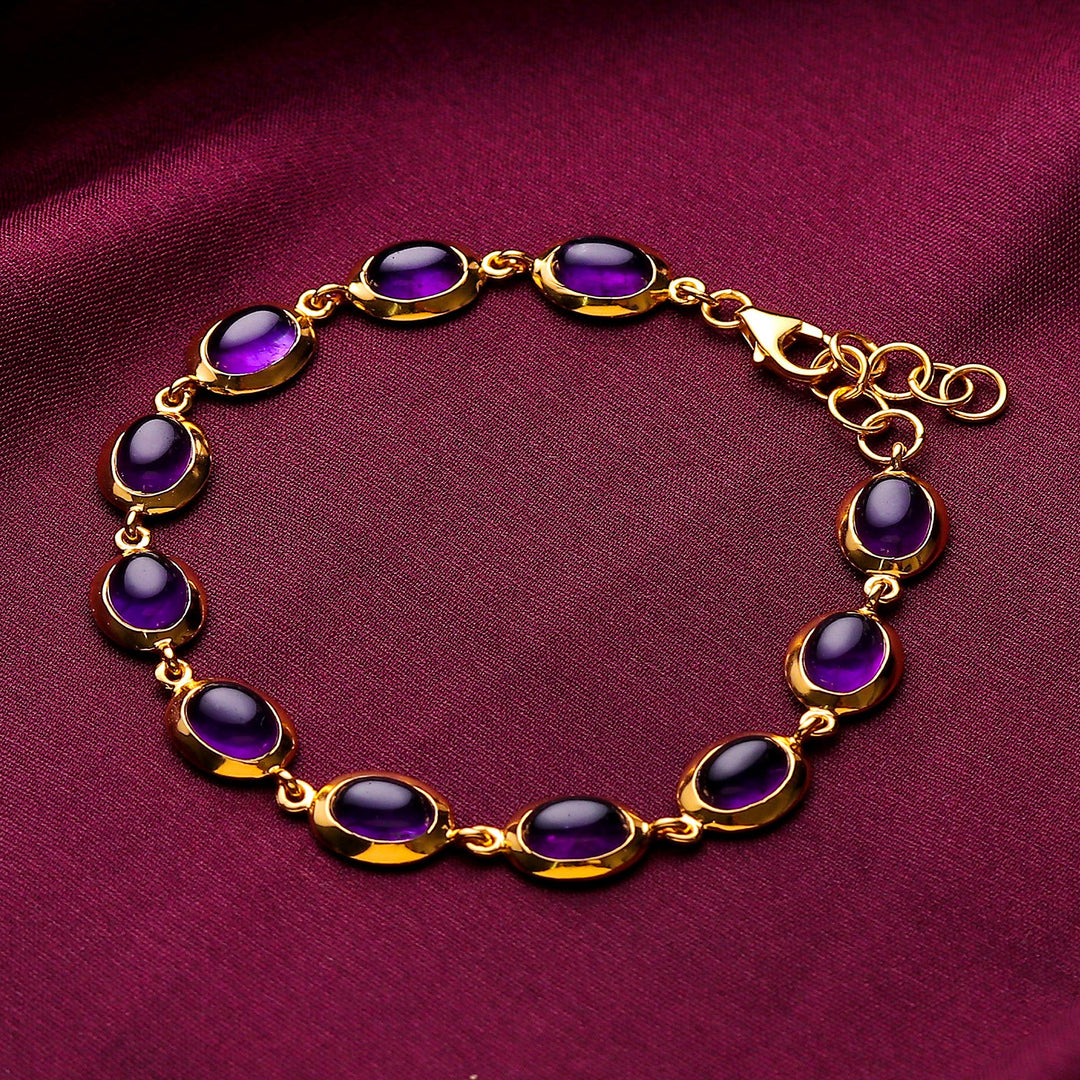 Polished 18k Gold-Plated Amethyst Cabochon Link Bracelet - Amethyst Grandeur