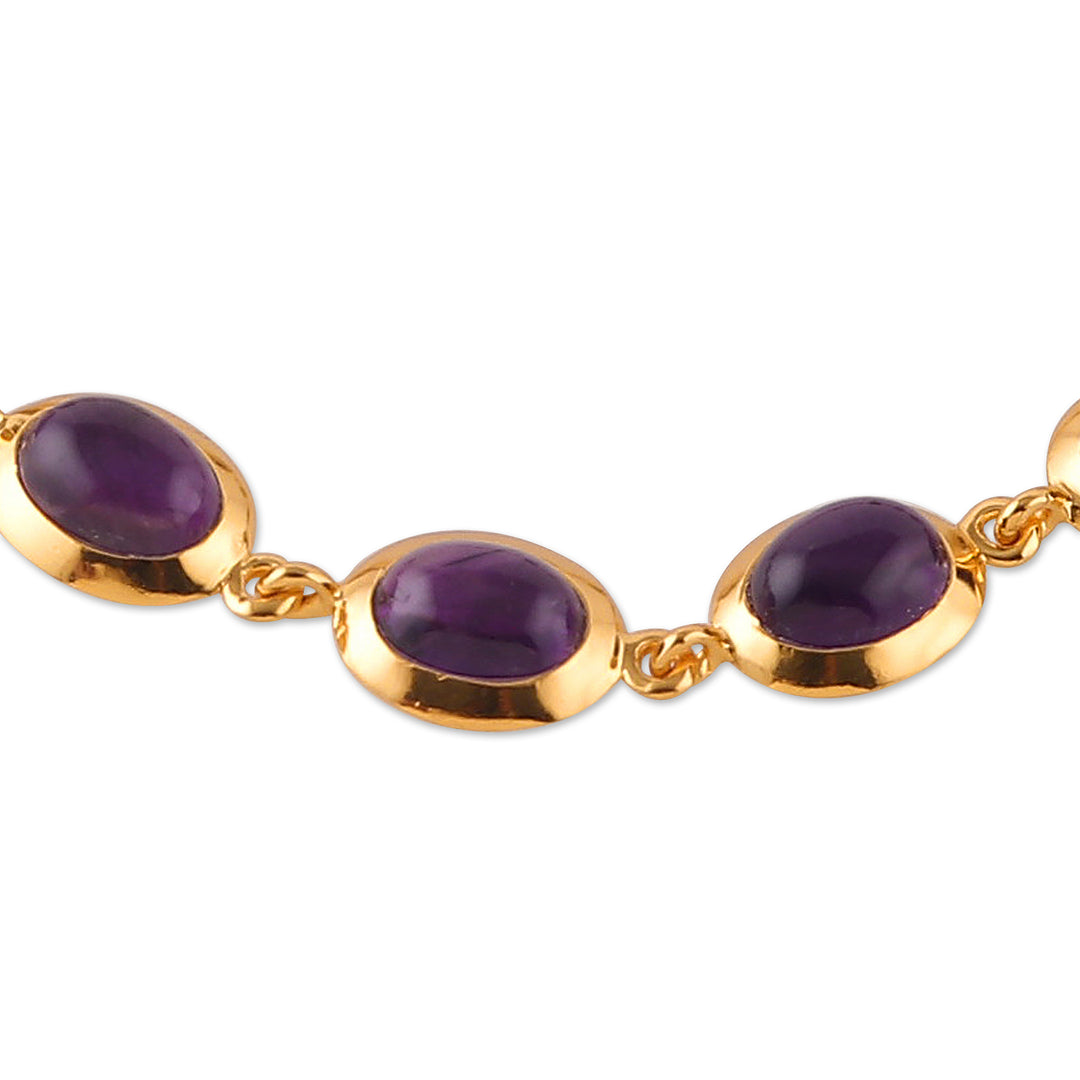 Polished 18k Gold-Plated Amethyst Cabochon Link Bracelet - Amethyst Grandeur