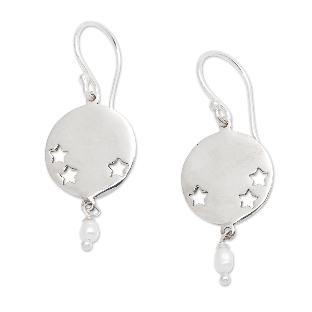 Star-Themed Sterling Silver and White Pearl Dangle Earrings - Little Constellation