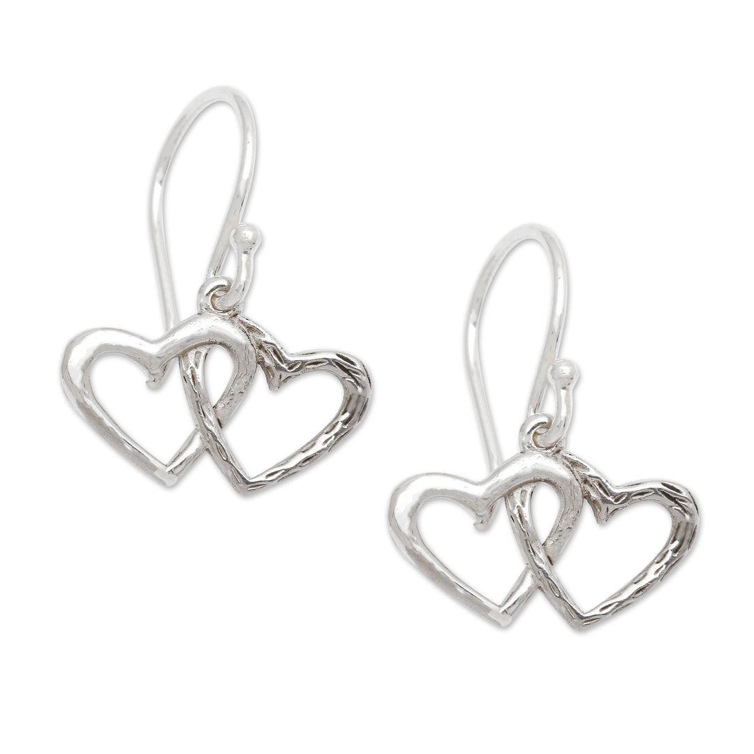 Polished and Textured Sterling Silver Heart Dangle Earrings - Joined Love