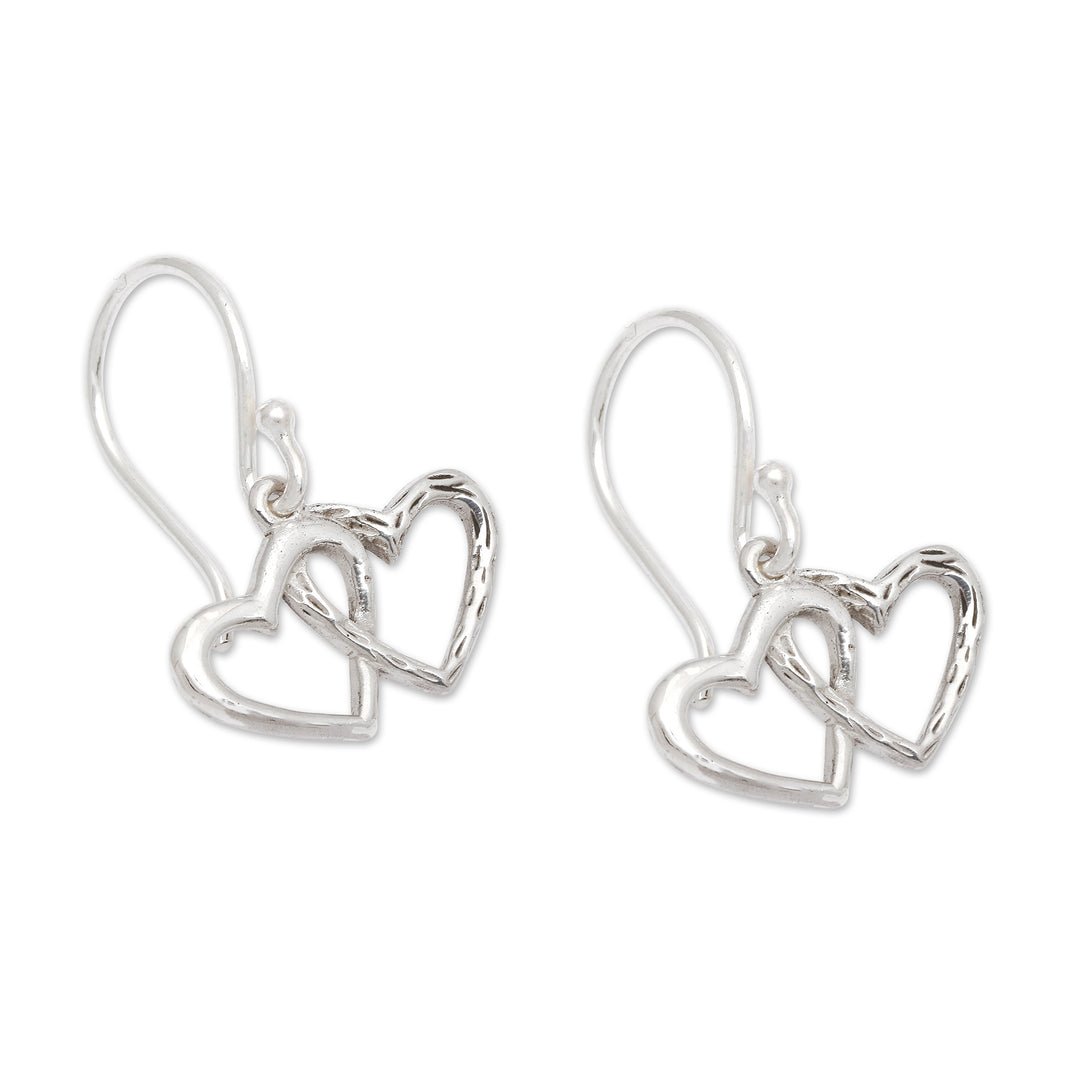 Polished and Textured Sterling Silver Heart Dangle Earrings - Joined Love