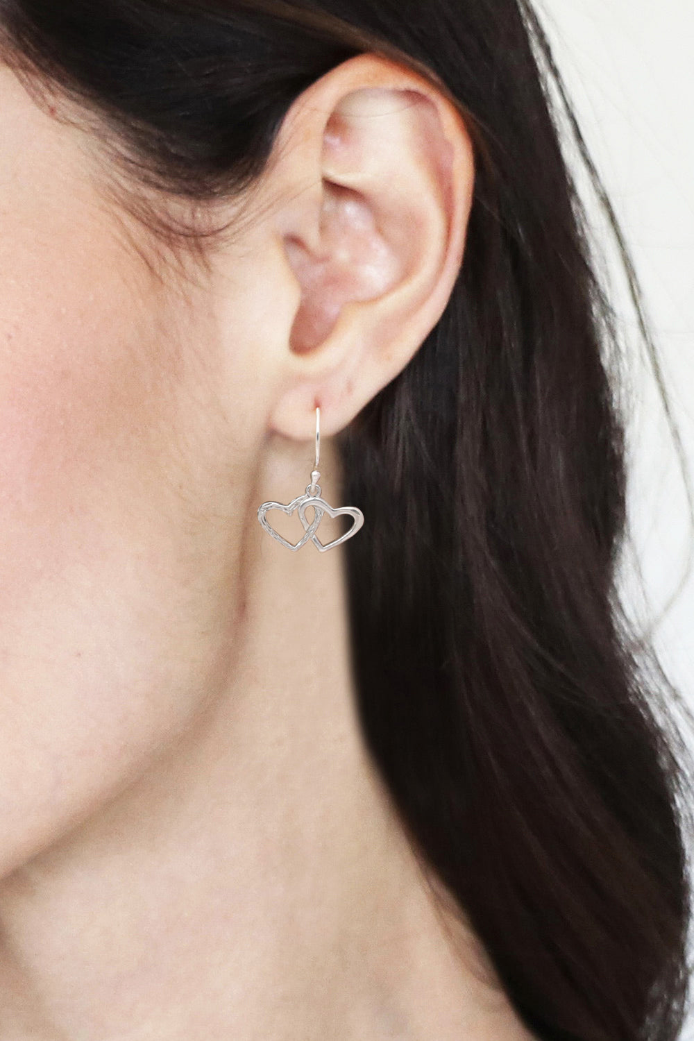 Polished and Textured Sterling Silver Heart Dangle Earrings - Joined Love