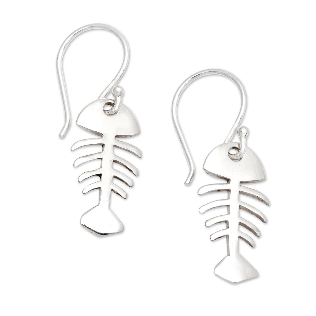 Marine-Themed Sterling Silver Fish Skeleton Dangle Earrings - Luck of the Sea