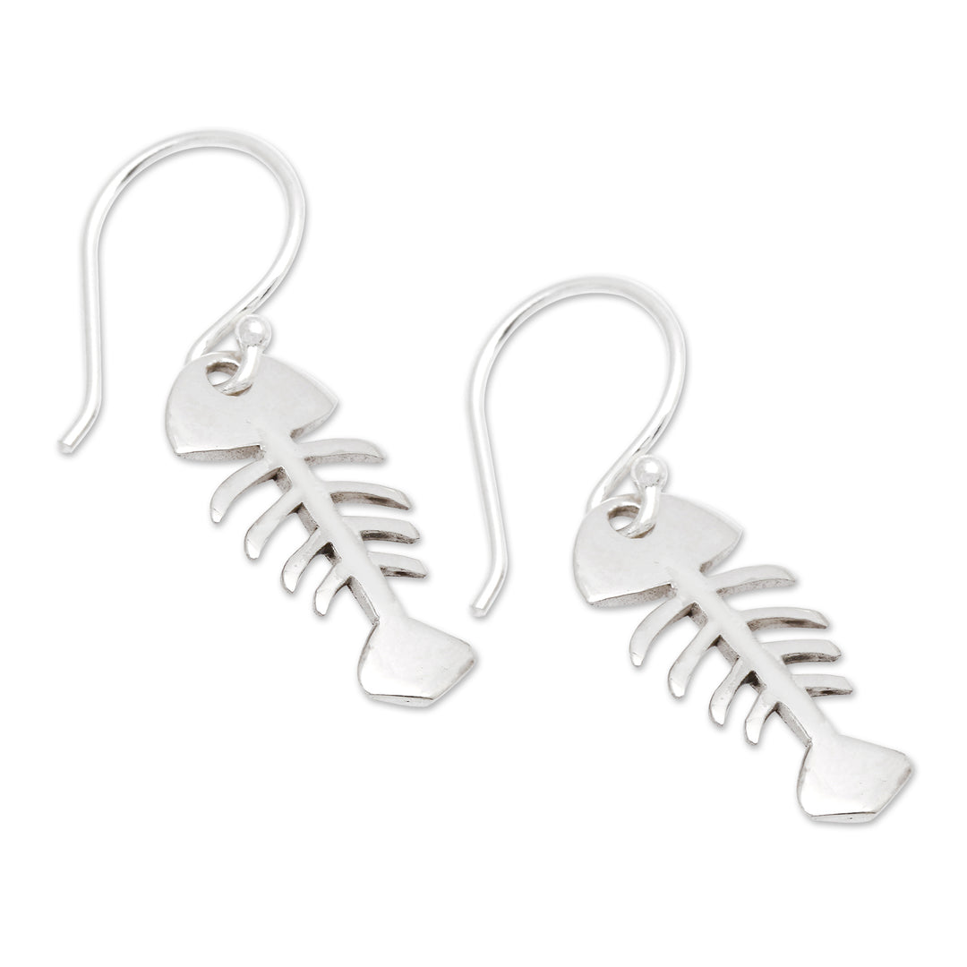 Marine-Themed Sterling Silver Fish Skeleton Dangle Earrings - Luck of the Sea