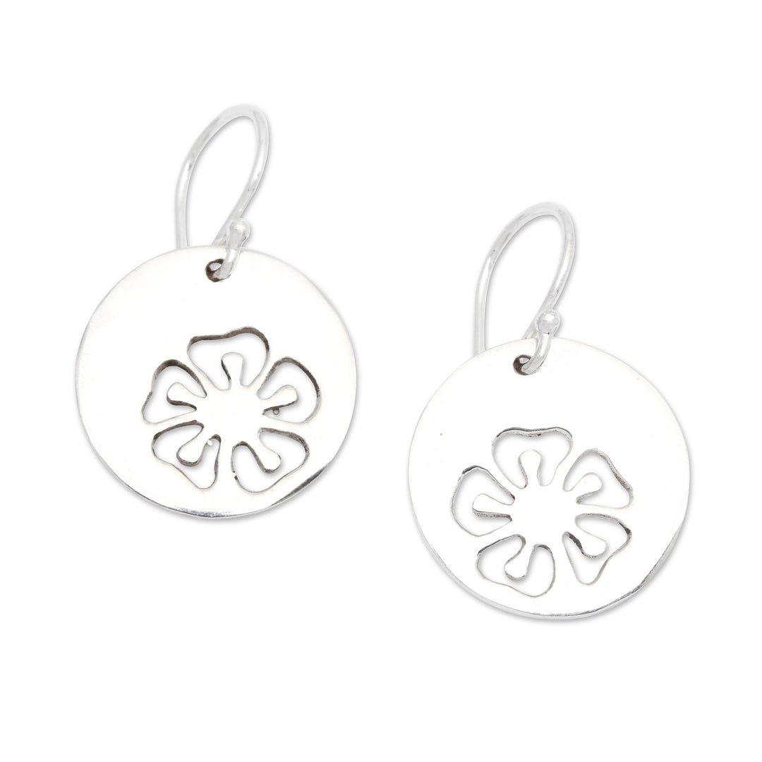 Round Sterling Silver Hibiscus Dangle Earrings Made in Bali - Hibiscus Shadow