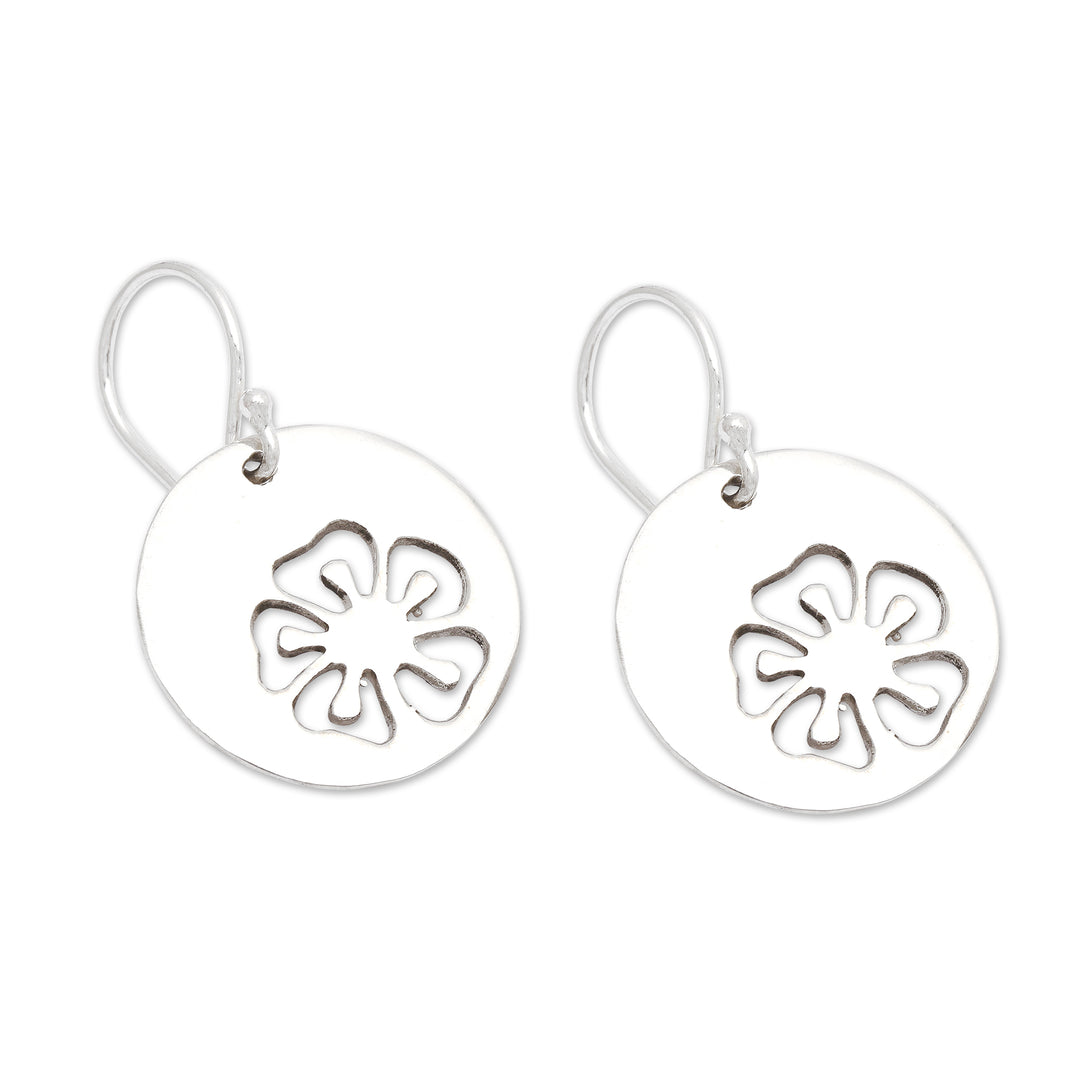 Round Sterling Silver Hibiscus Dangle Earrings Made in Bali - Hibiscus Shadow