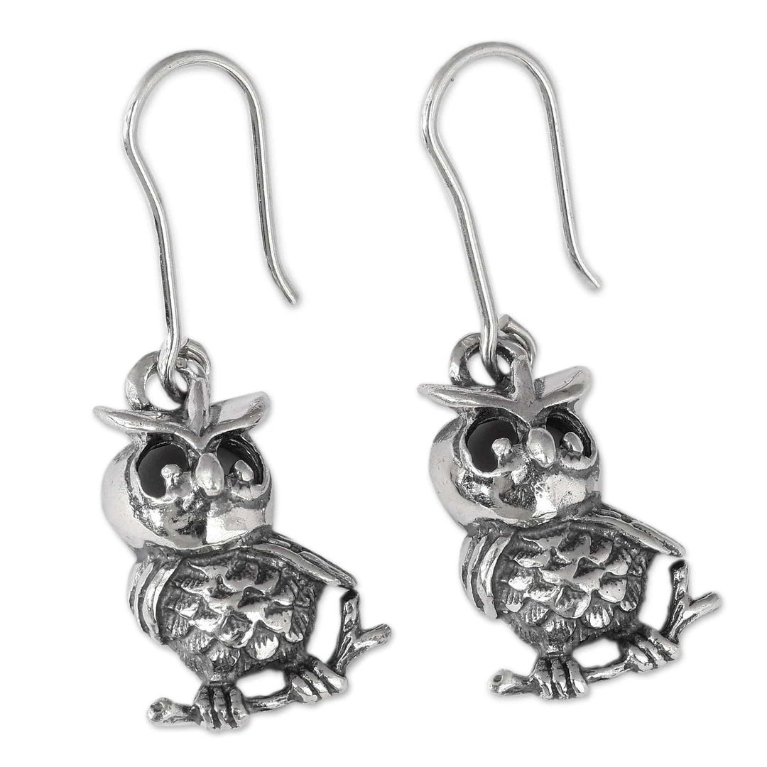 Sterling Silver Owl Dangle Earrings in an Oxidized Finish - Whimsical Feathers