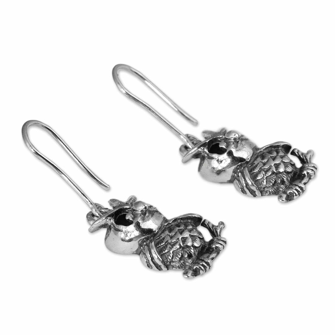 Sterling Silver Owl Dangle Earrings in an Oxidized Finish - Whimsical Feathers
