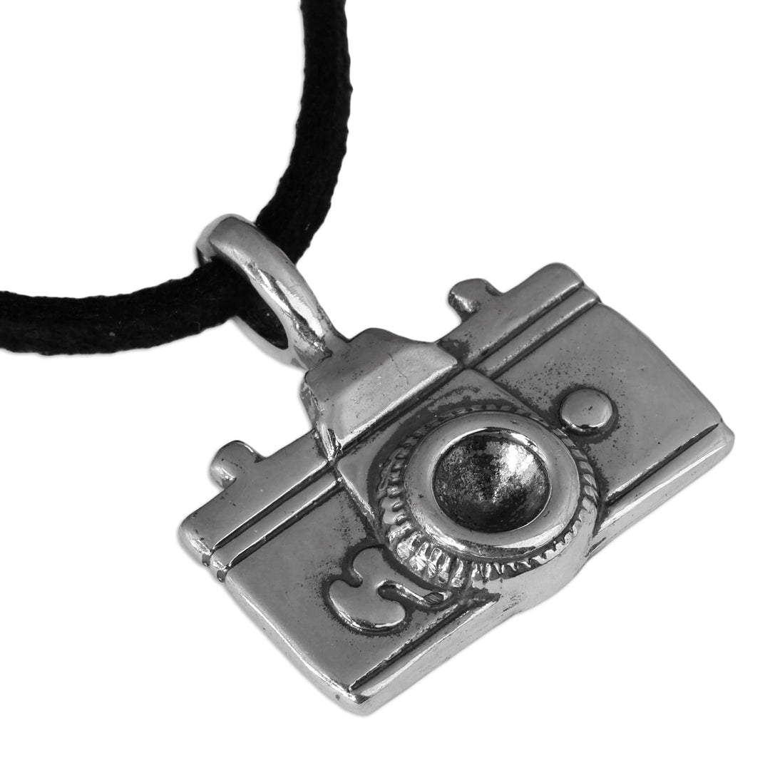 Faux Leather and Sterling Silver Camera Pendant Necklace - Snapshot Memories