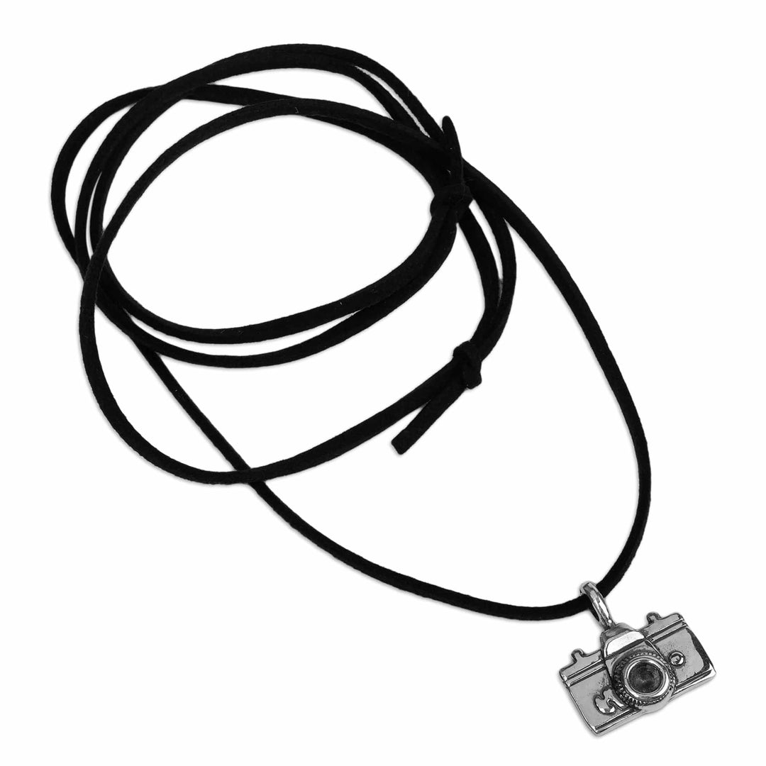 Faux Leather and Sterling Silver Camera Pendant Necklace - Snapshot Memories