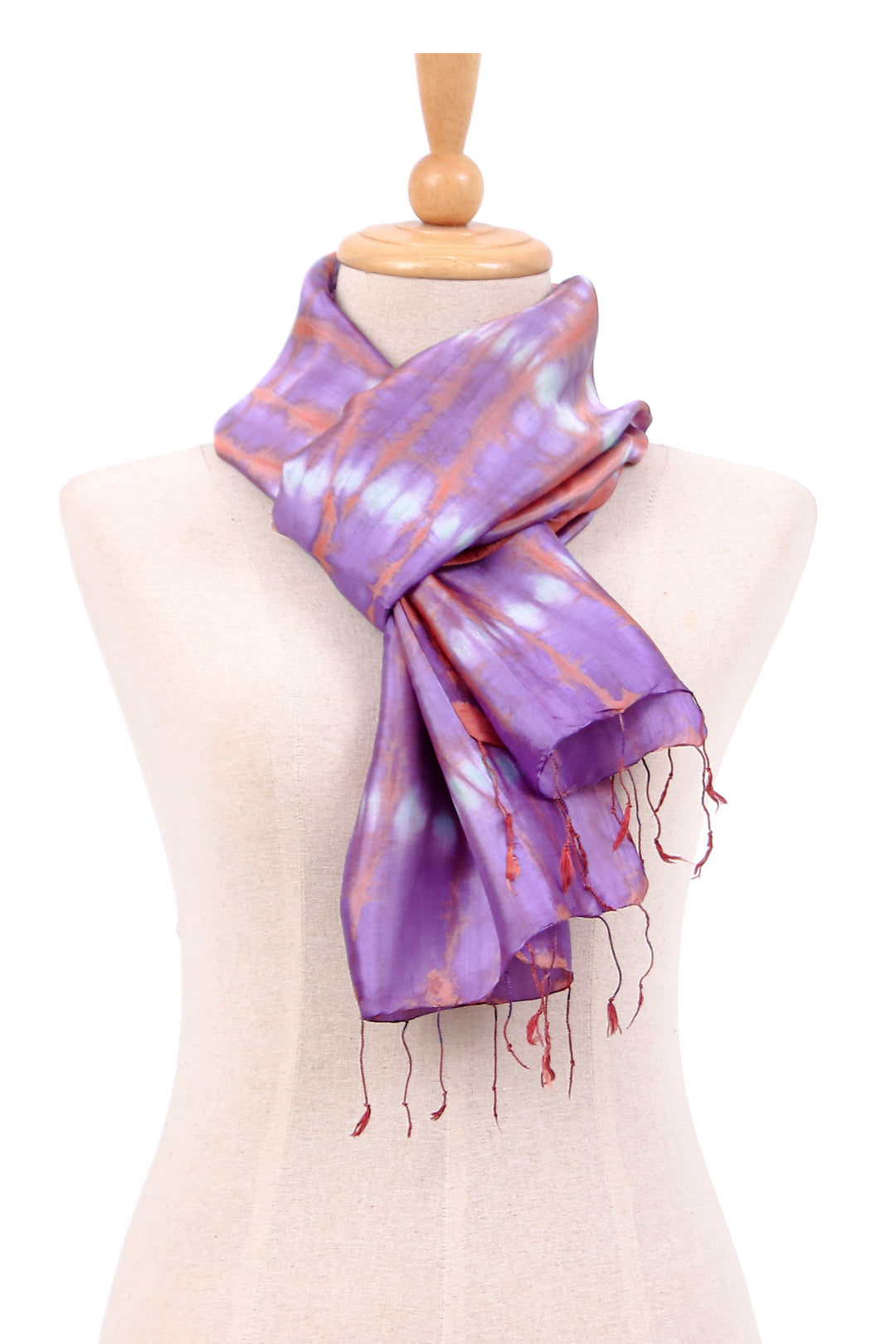 Artisan-Made Rayon and Silk Blend Fringed Scarf in Purple - Purple Striped