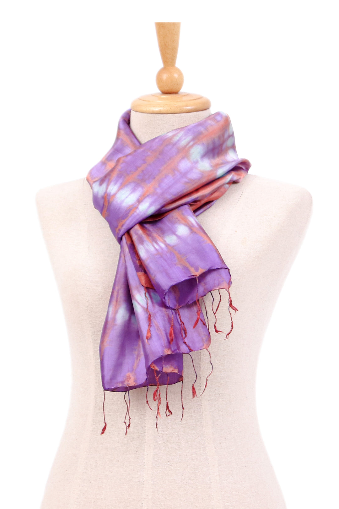 Artisan-Made Rayon and Silk Blend Fringed Scarf in Purple - Purple Striped