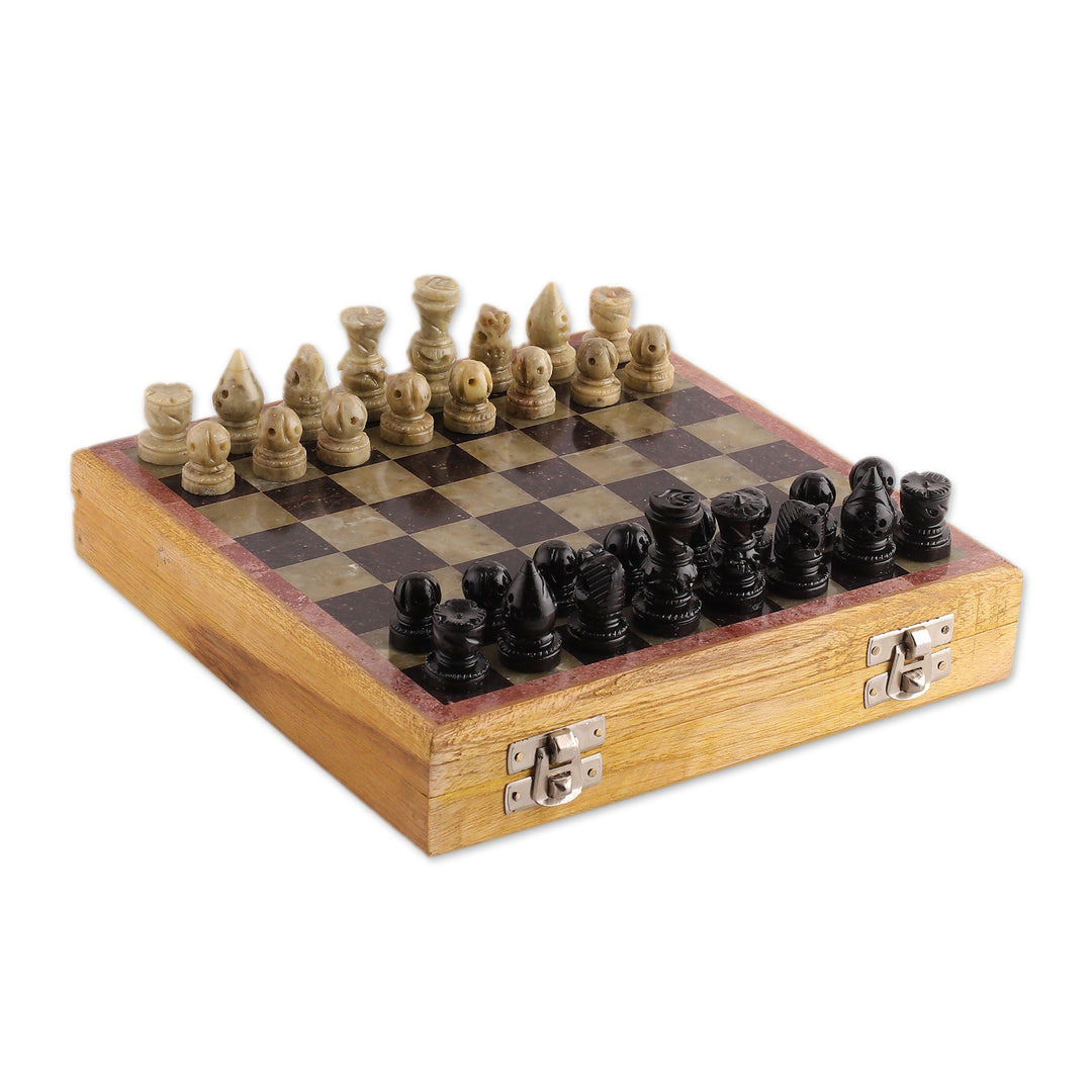 Artisan-Made Soapstone and Kadam Wood Chess Set from India - Royal Epic
