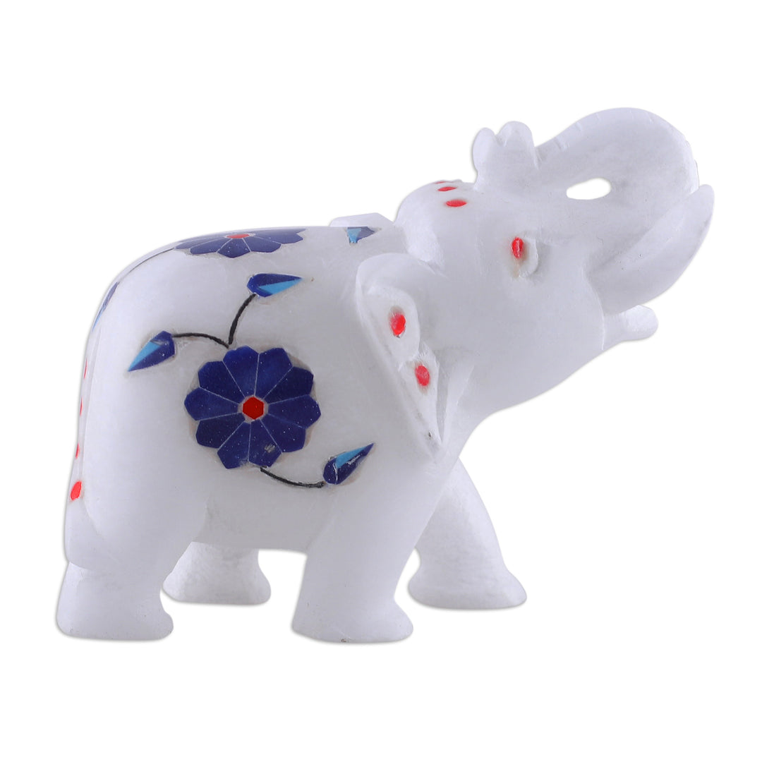 Blue Spring-Themed Hand-Carved Alabaster Elephant Figurine - Primaveral Regality