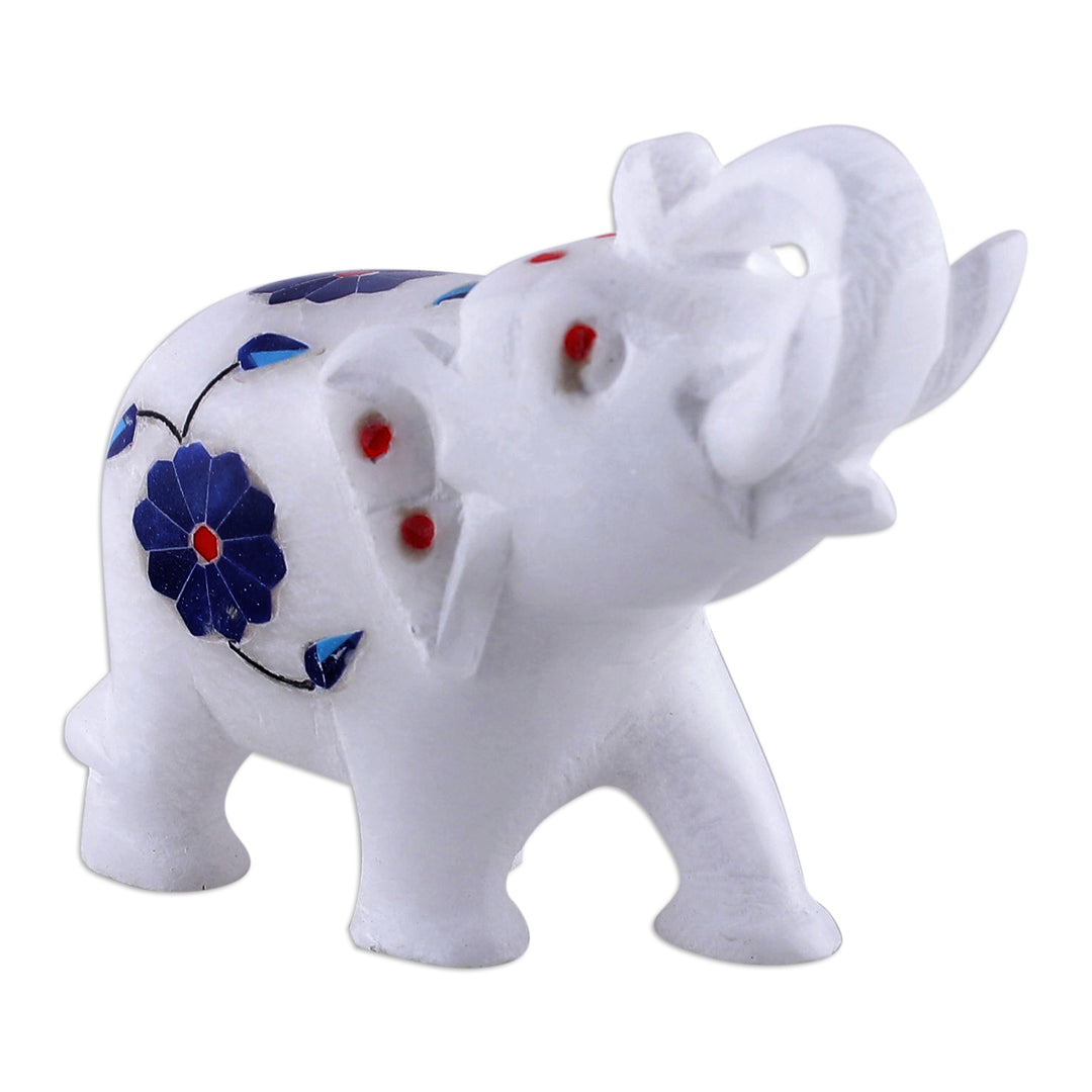 Blue Spring-Themed Hand-Carved Alabaster Elephant Figurine - Primaveral Regality