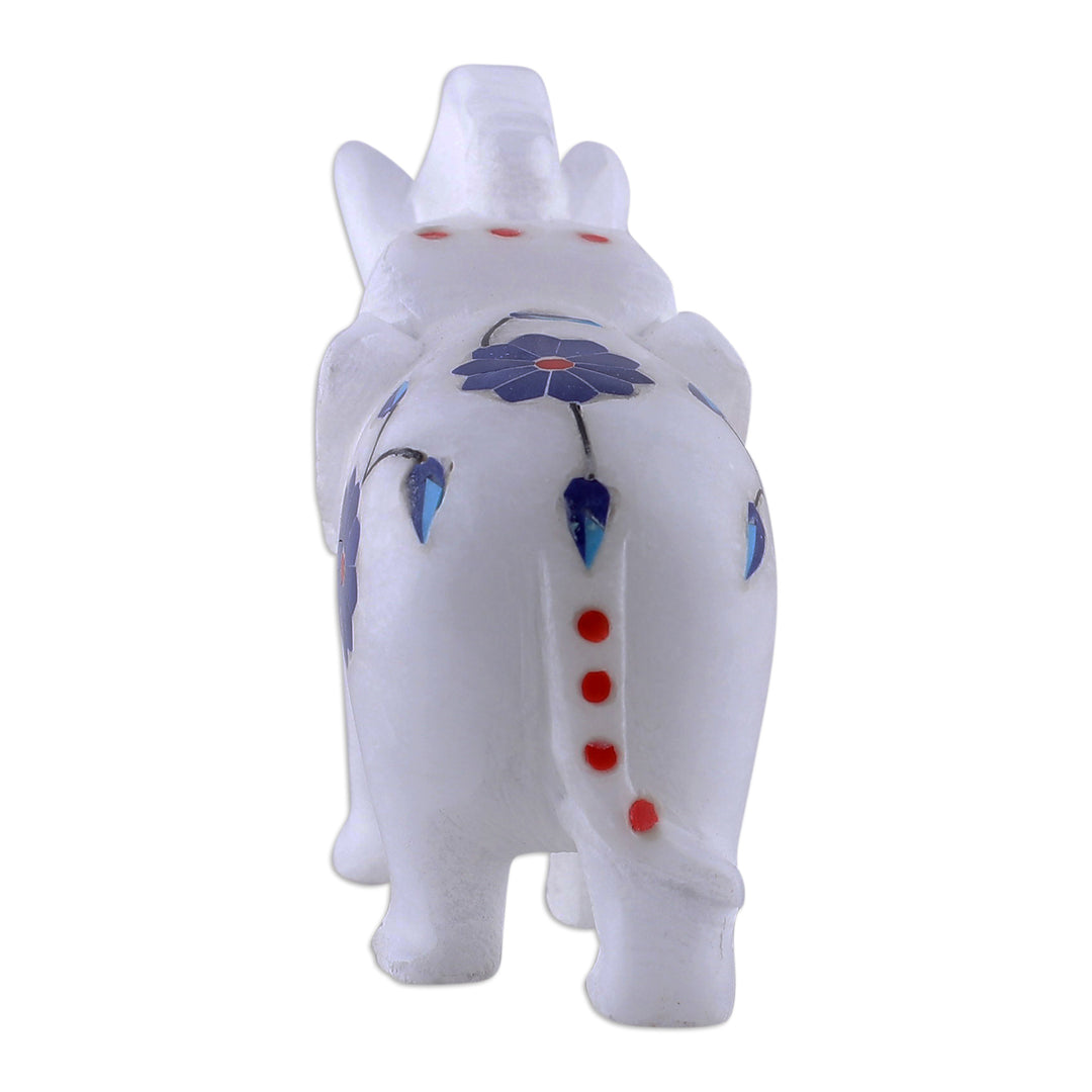 Blue Spring-Themed Hand-Carved Alabaster Elephant Figurine - Primaveral Regality