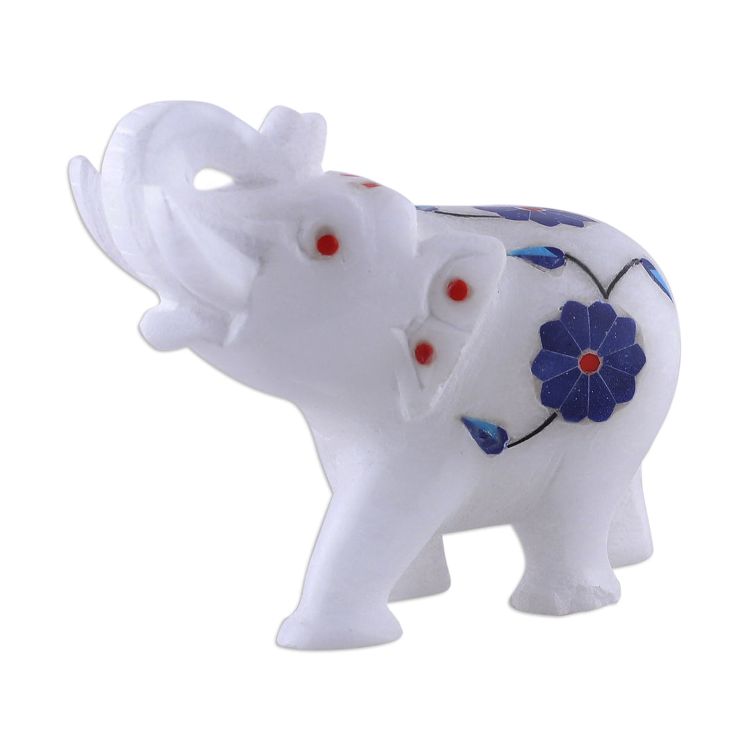 Blue Spring-Themed Hand-Carved Alabaster Elephant Figurine - Primaveral Regality