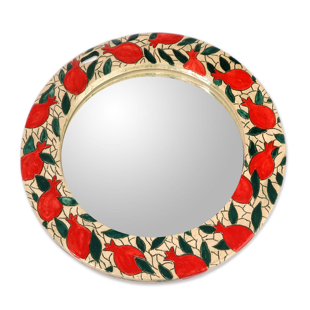 Artisan-Made Pomegranate-Themed Glazed Round Ceramic Mirror - Pomegranate Glory