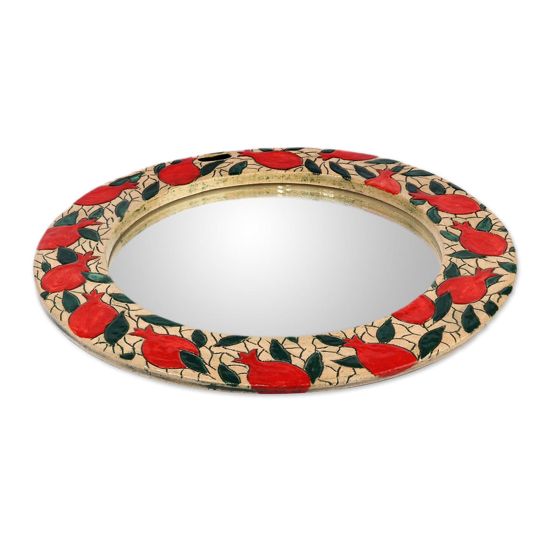 Artisan-Made Pomegranate-Themed Glazed Round Ceramic Mirror - Pomegranate Glory