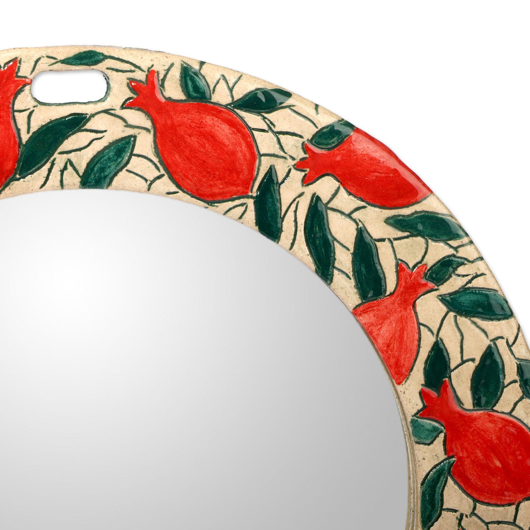Artisan-Made Pomegranate-Themed Glazed Round Ceramic Mirror - Pomegranate Glory