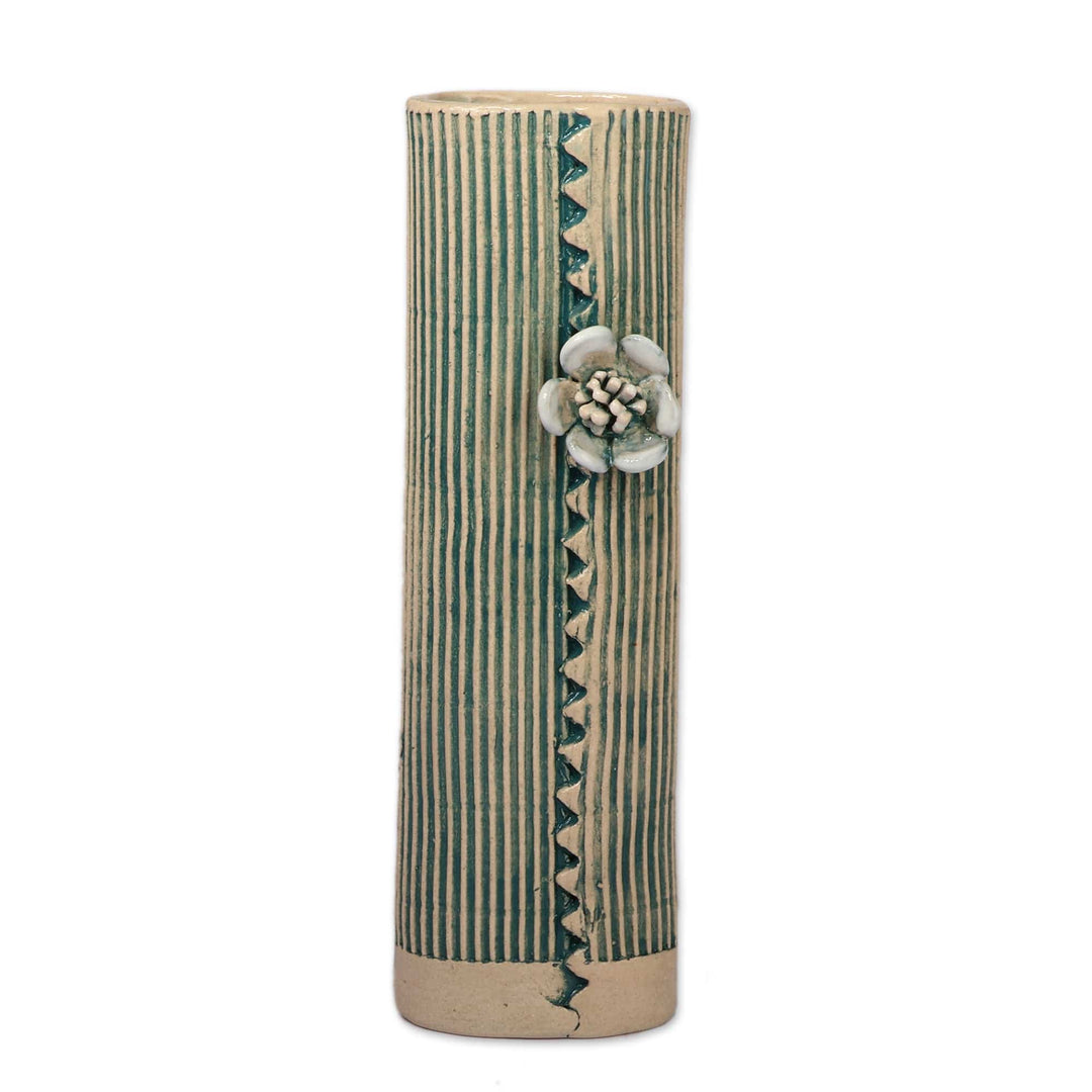 Fair Trade Teal and Ivory Ceramic Vase with Floral Accent - Peaceful Bloom