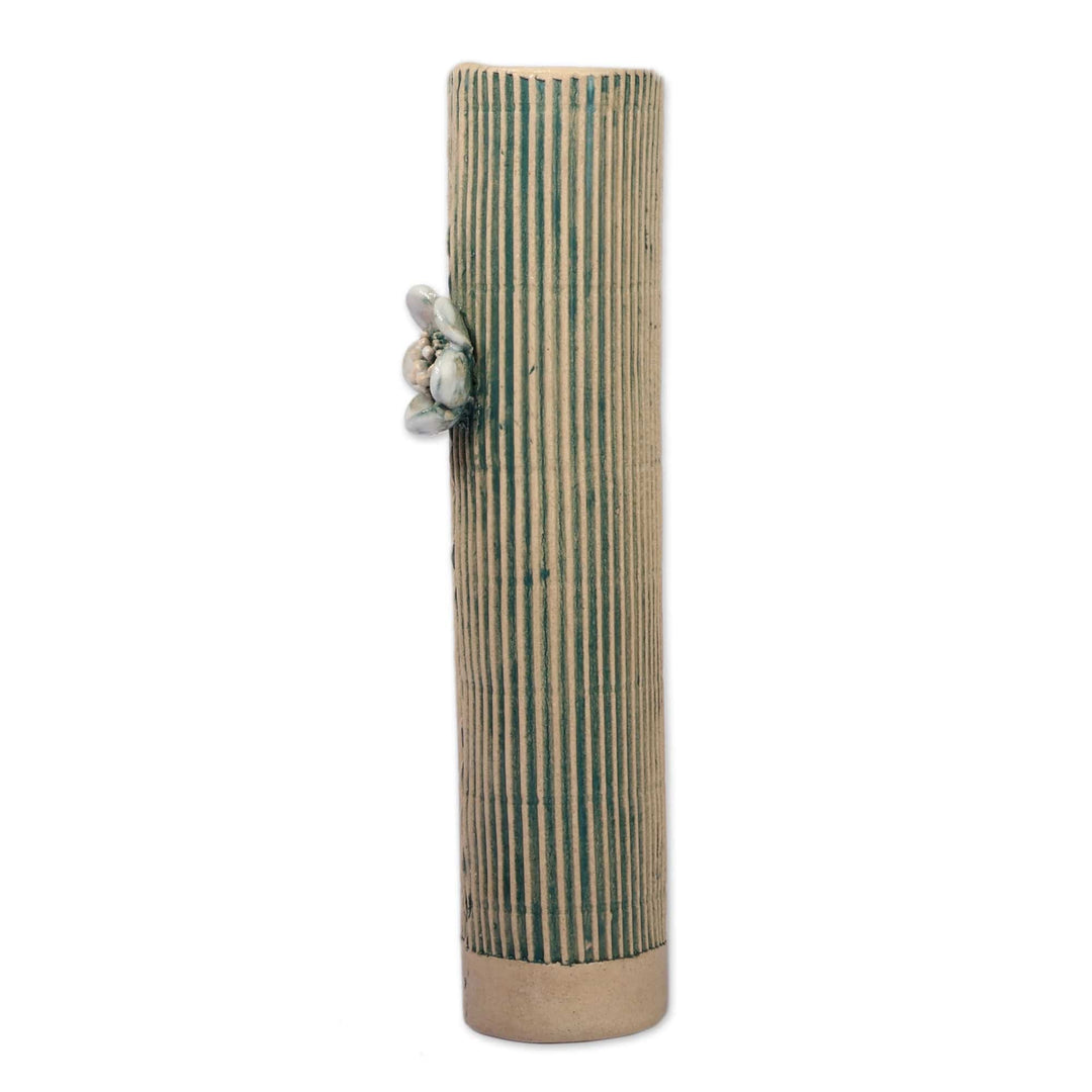 Fair Trade Teal and Ivory Ceramic Vase with Floral Accent - Peaceful Bloom