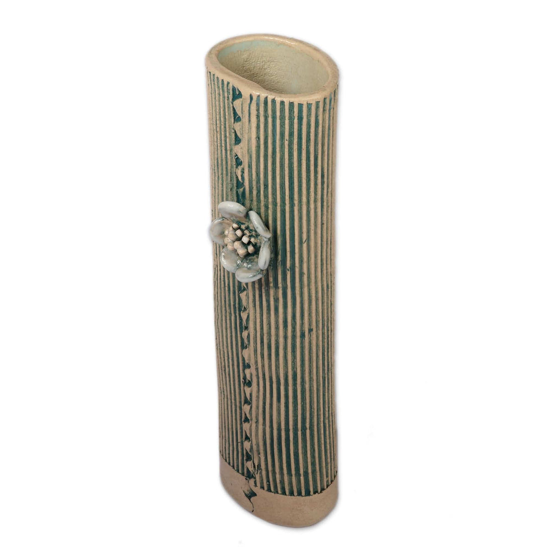 Fair Trade Teal and Ivory Ceramic Vase with Floral Accent - Peaceful Bloom