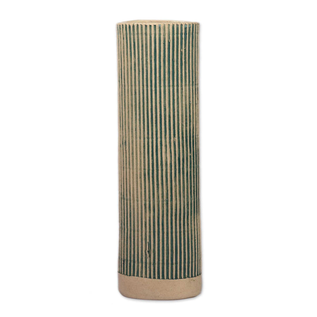 Fair Trade Teal and Ivory Ceramic Vase with Floral Accent - Peaceful Bloom