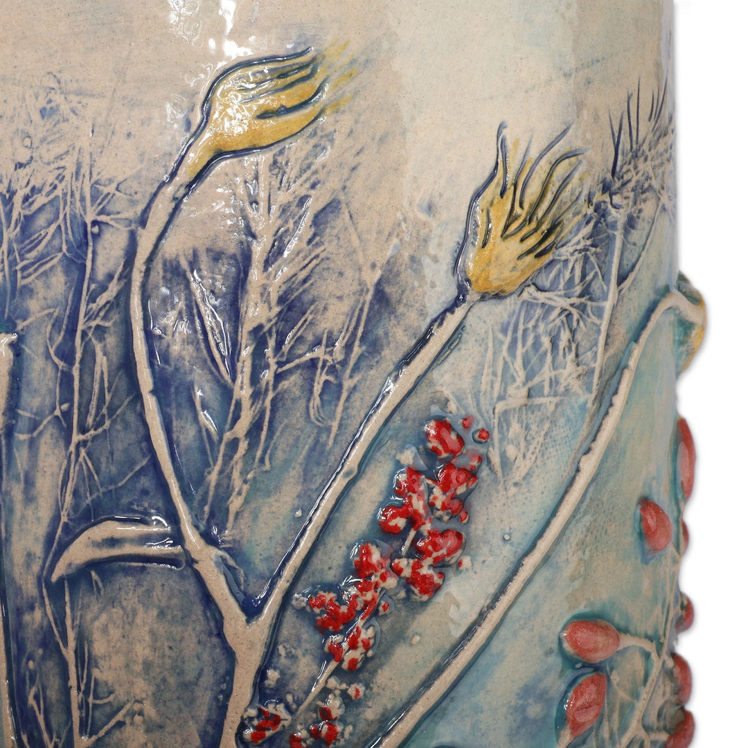 Glazed Spring-Themed Blue Ceramic Vase Crafted in Armenia - Paradisial Blue