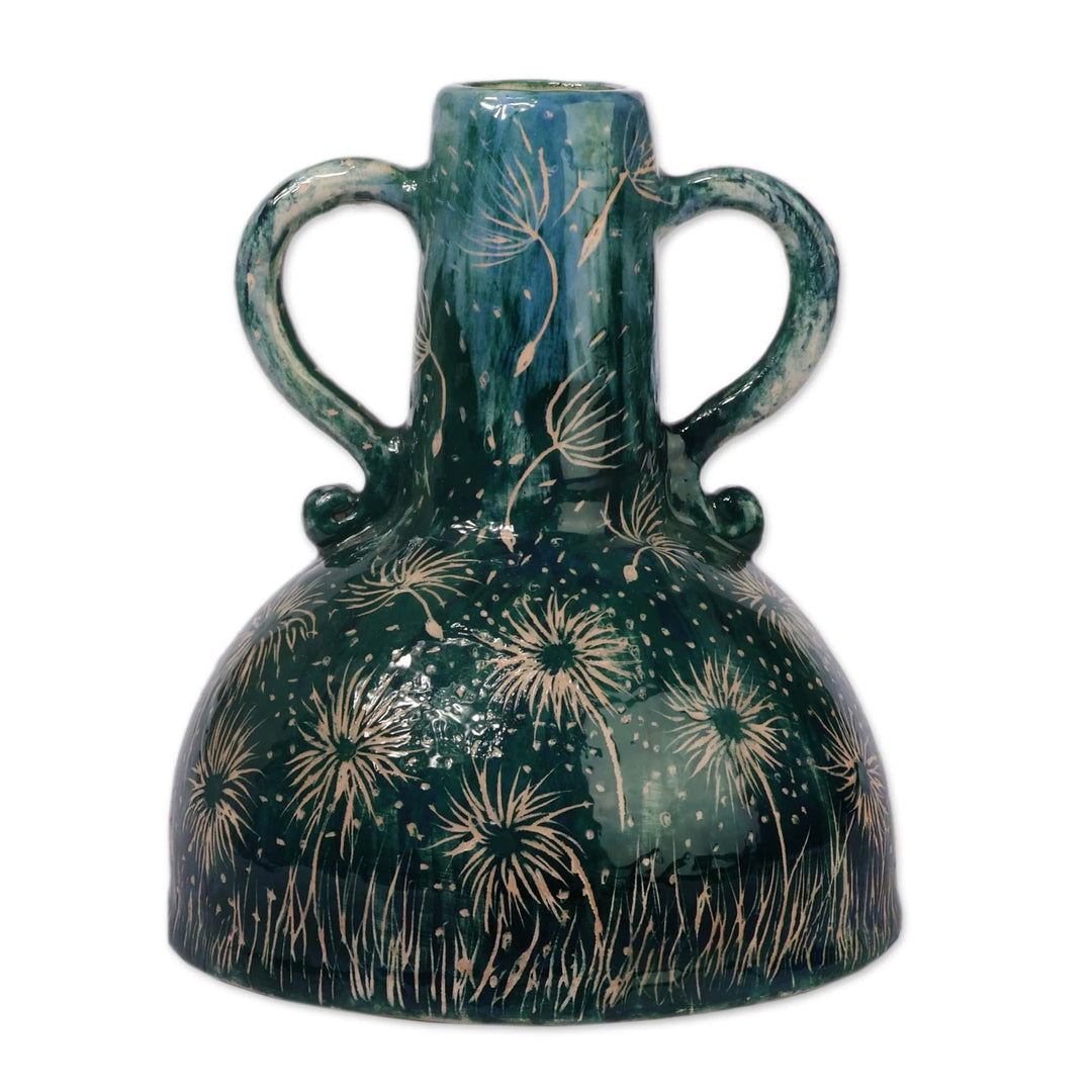 Dandelion-Themed Hand-Painted Teal Ceramic Vase from Armenia - Dandelion Dreams
