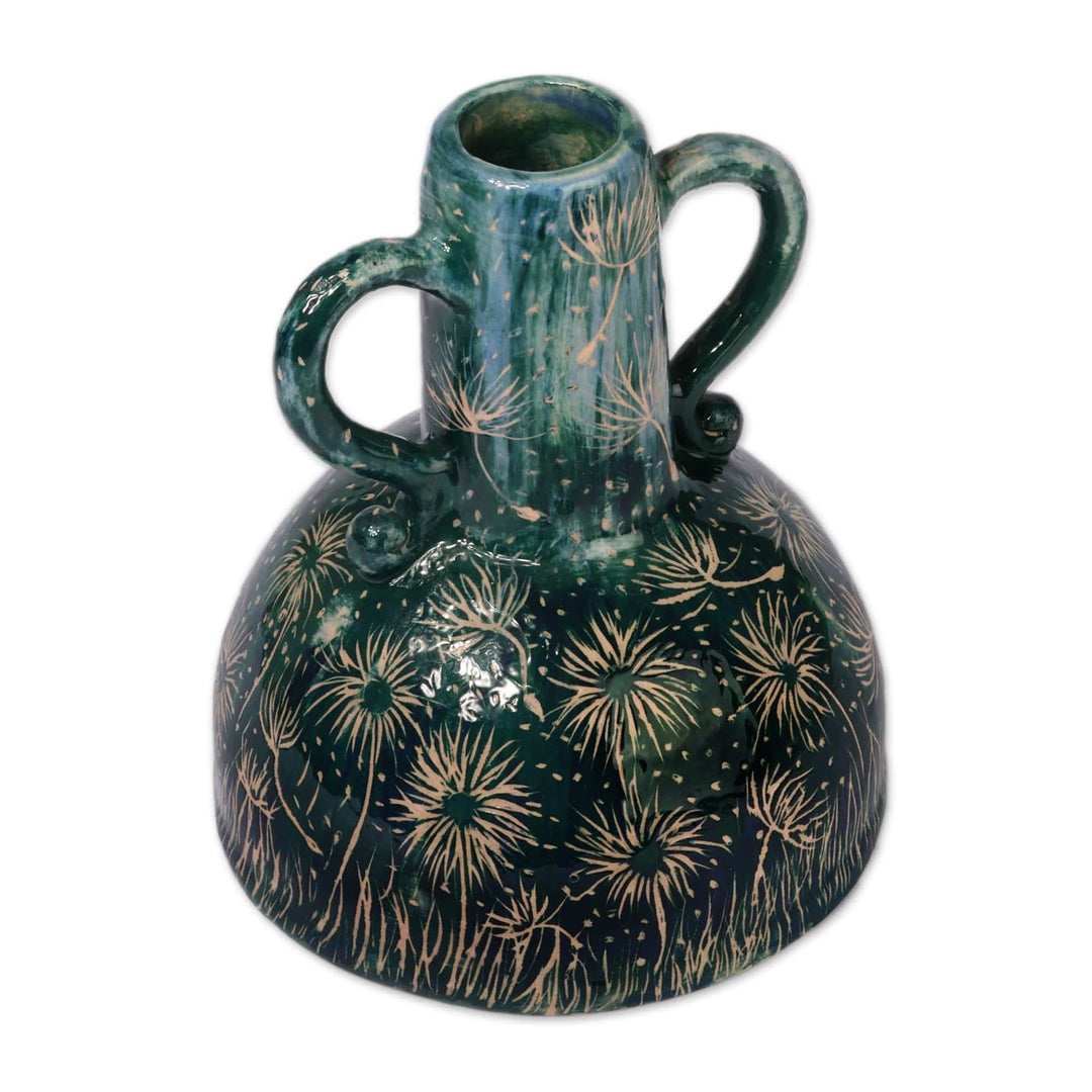 Dandelion-Themed Hand-Painted Teal Ceramic Vase from Armenia - Dandelion Dreams