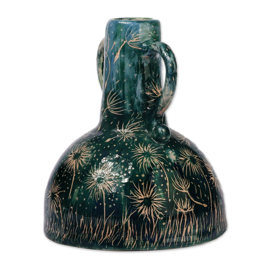 Dandelion-Themed Hand-Painted Teal Ceramic Vase from Armenia - Dandelion Dreams