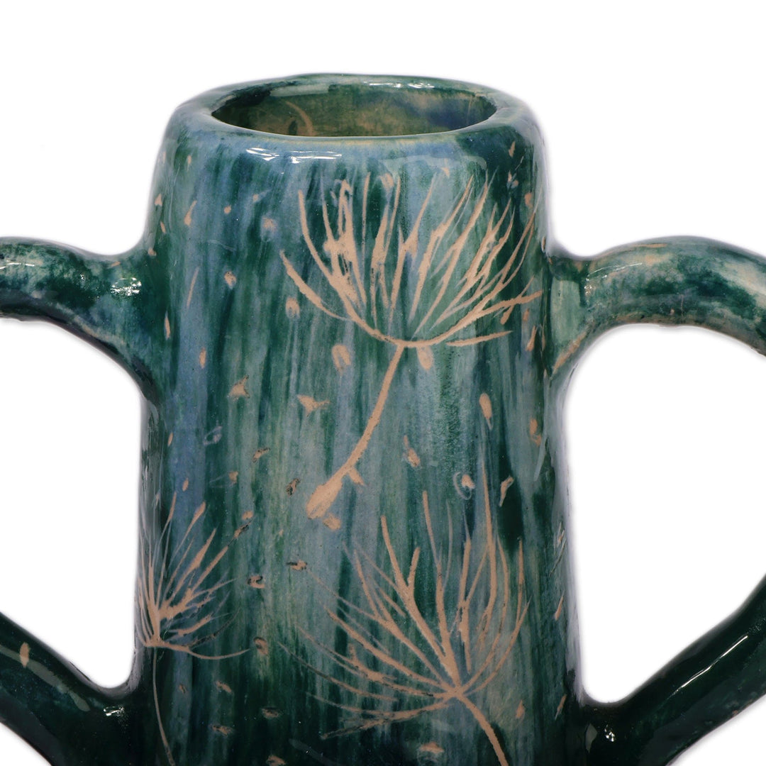 Dandelion-Themed Hand-Painted Teal Ceramic Vase from Armenia - Dandelion Dreams