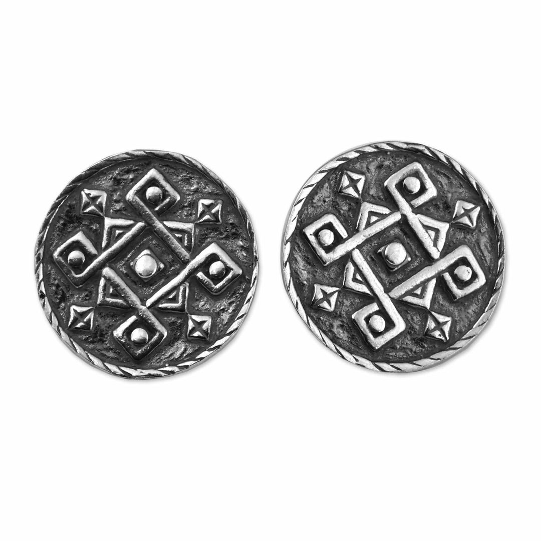 Folk Art-Themed Oxidized Sterling Silver Button Earrings - Cycle of Traditions