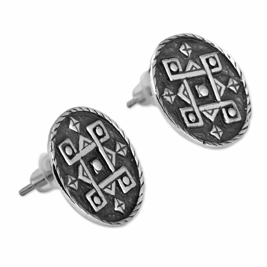 Folk Art-Themed Oxidized Sterling Silver Button Earrings - Cycle of Traditions