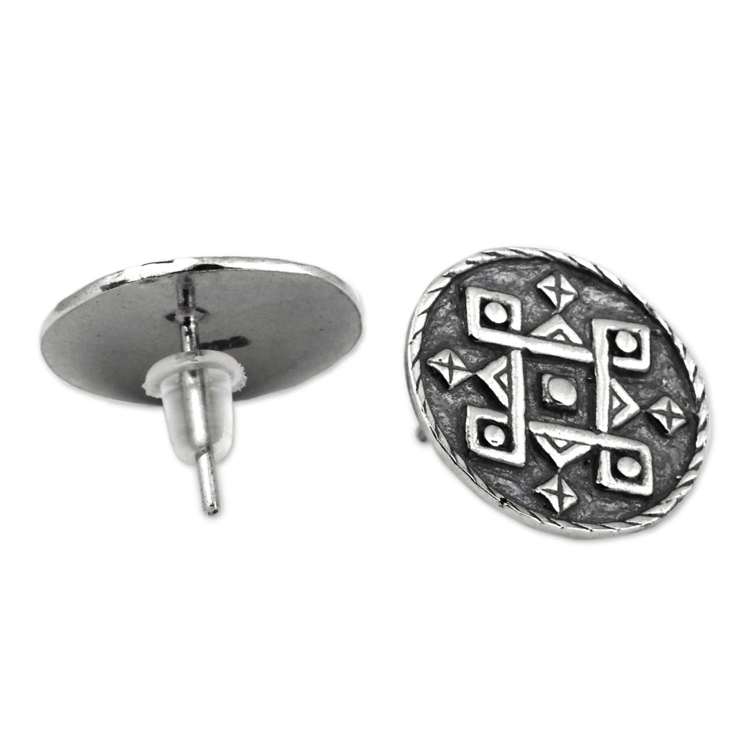 Folk Art-Themed Oxidized Sterling Silver Button Earrings - Cycle of Traditions