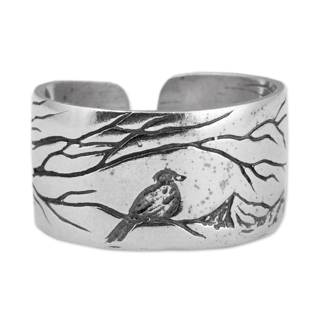 Bird-Themed Polished and Oxidized Sterling Silver Wrap Ring - Bird Chant