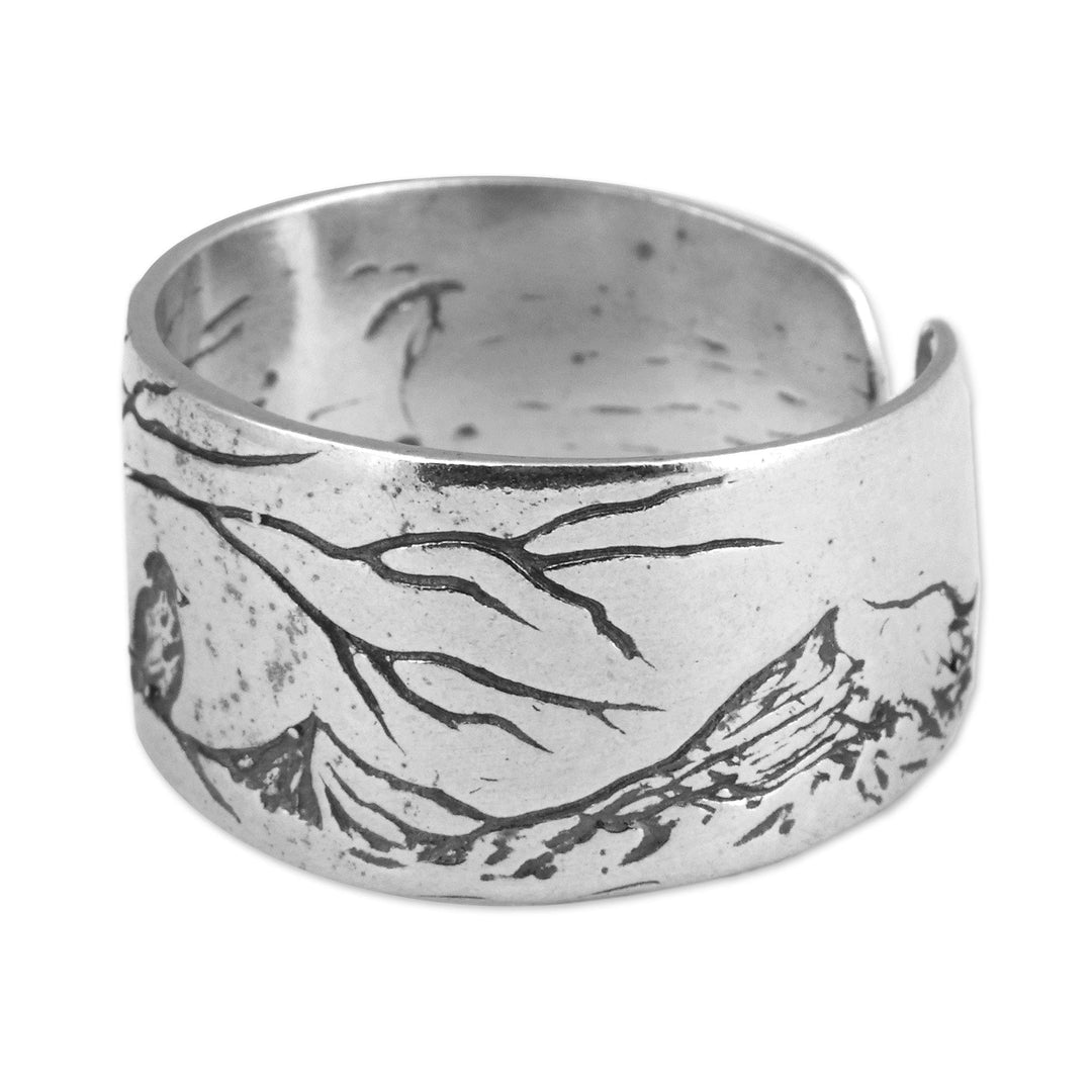 Bird-Themed Polished and Oxidized Sterling Silver Wrap Ring - Bird Chant