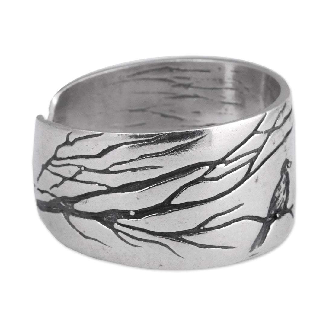 Bird-Themed Polished and Oxidized Sterling Silver Wrap Ring - Bird Chant