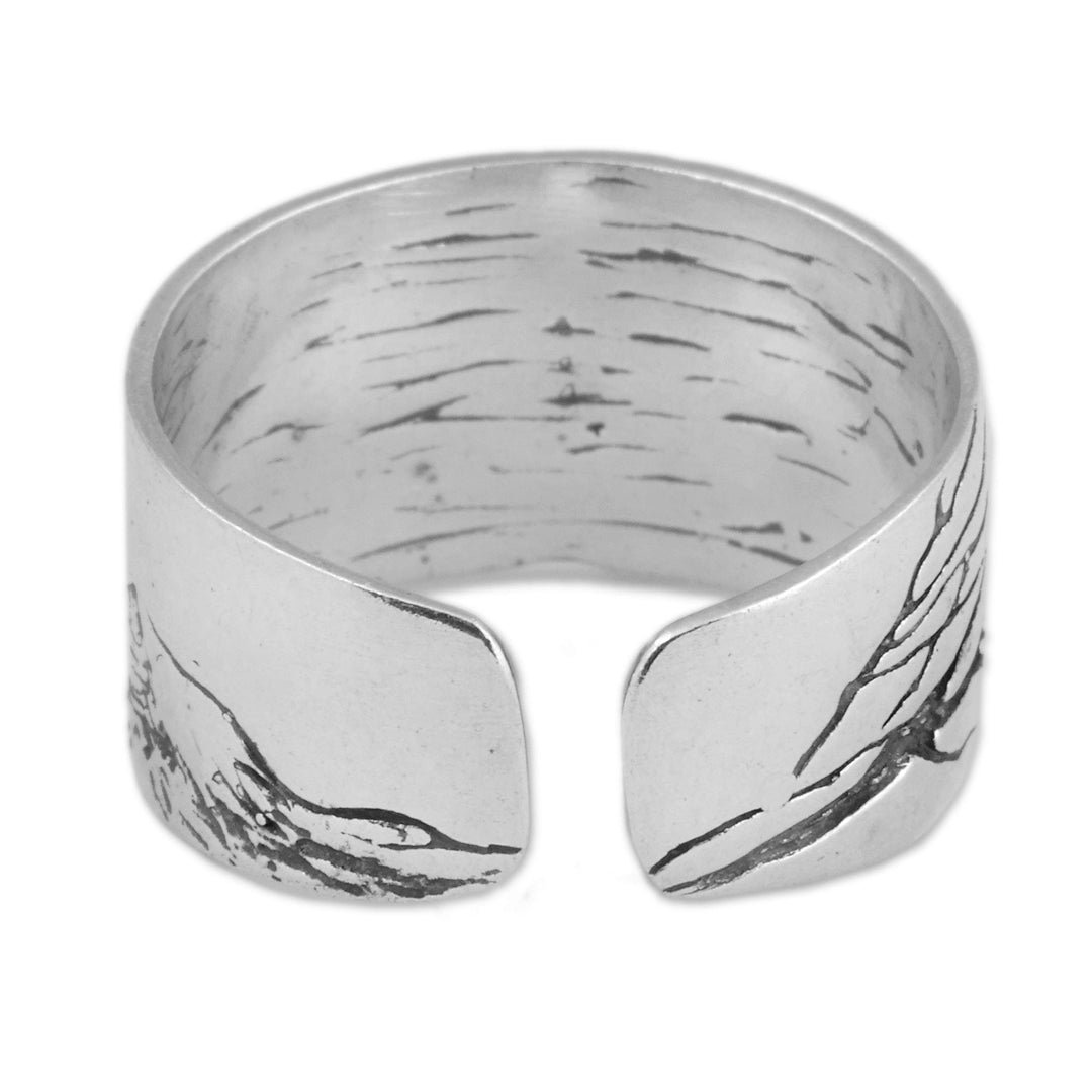 Bird-Themed Polished and Oxidized Sterling Silver Wrap Ring - Bird Chant