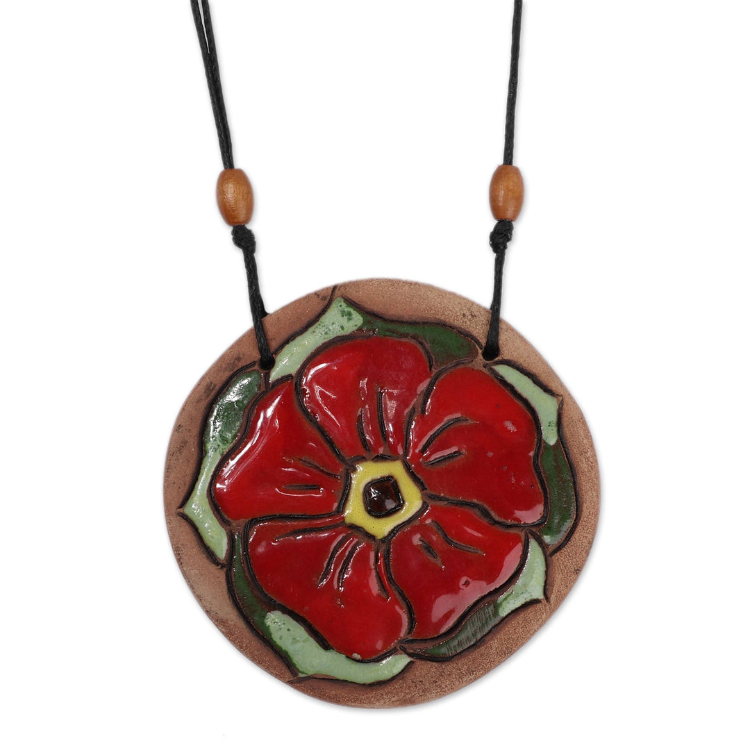 Handcrafted Red Bloom Ceramic Pendant Necklace from Armenia - Petals in Red