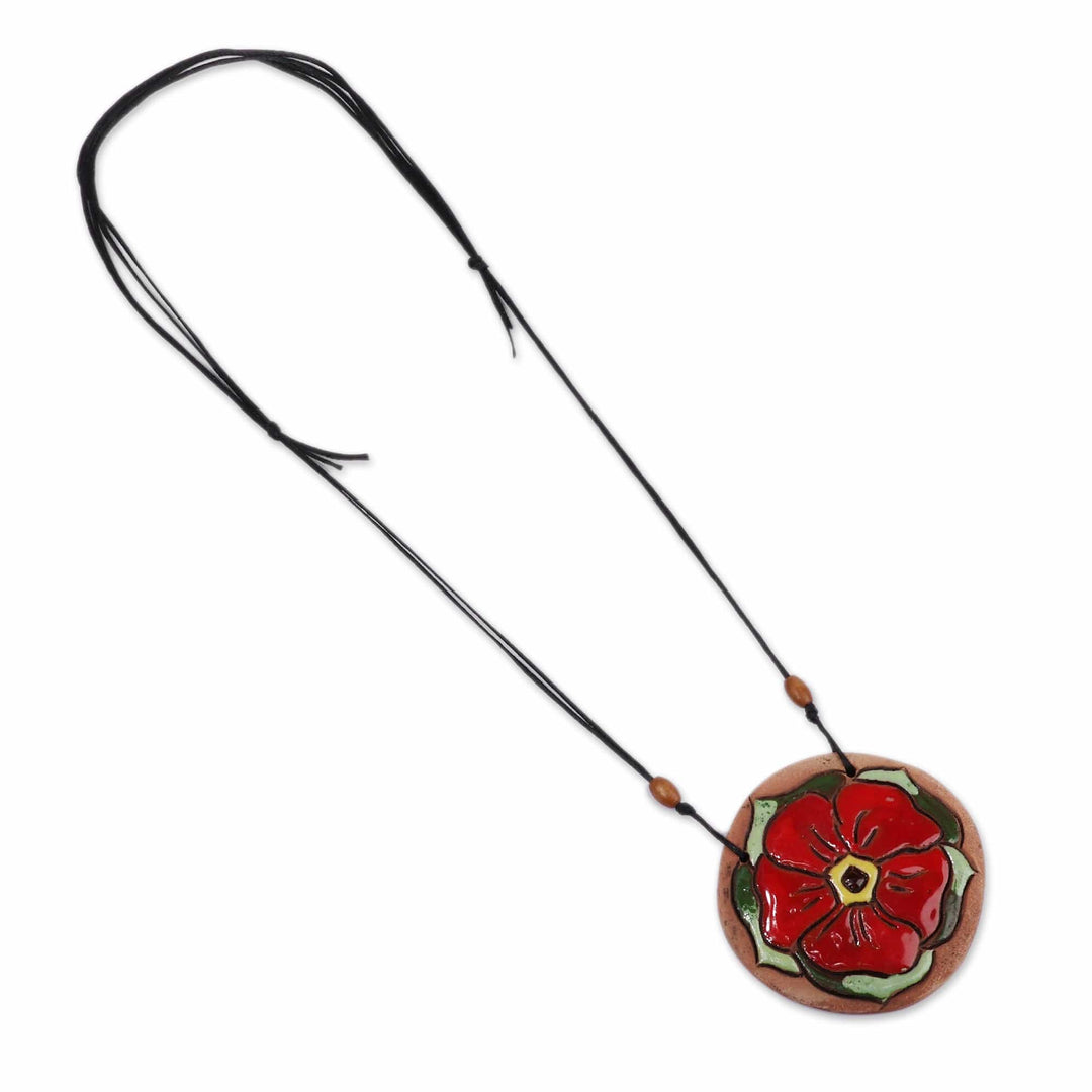 Handcrafted Red Bloom Ceramic Pendant Necklace from Armenia - Petals in Red