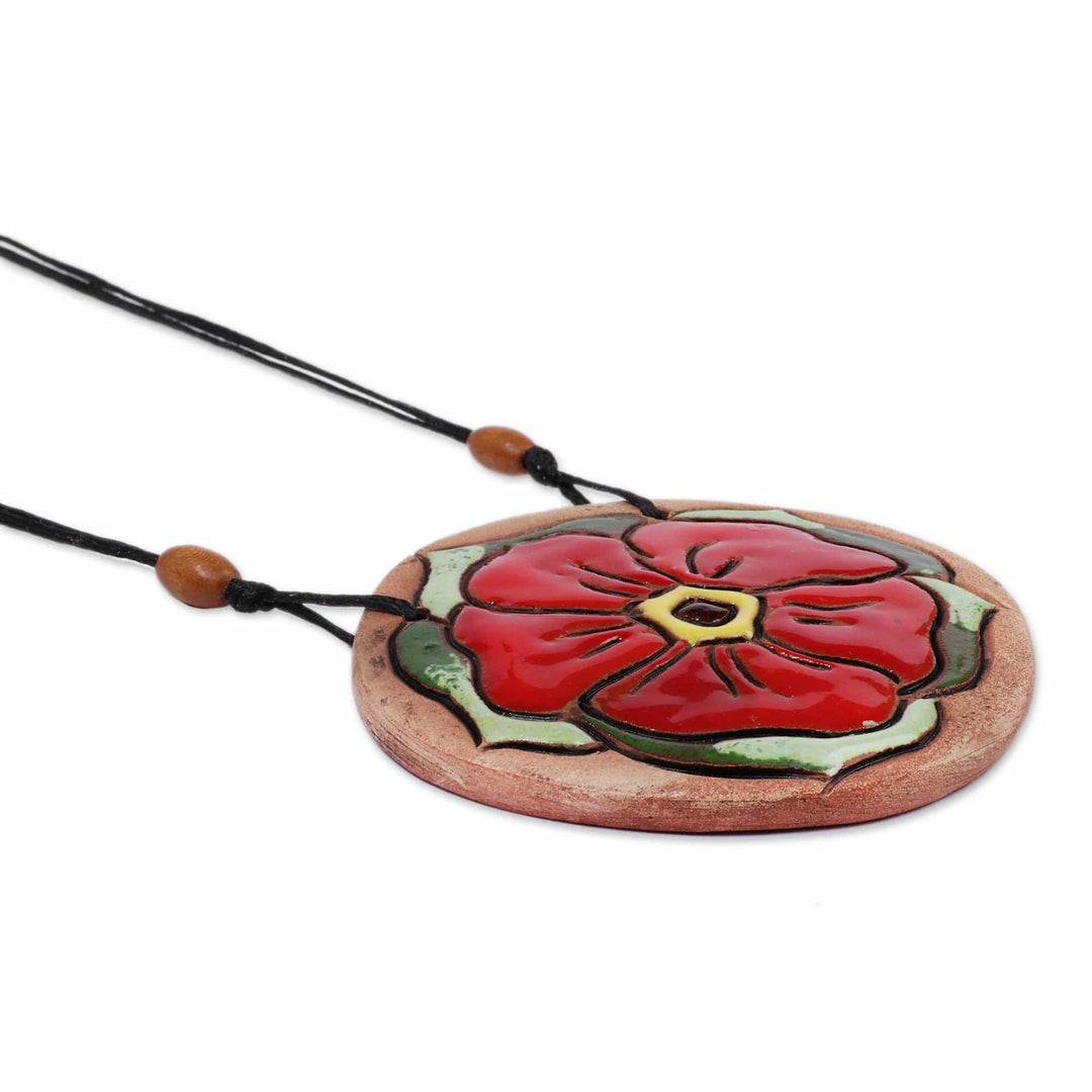 Handcrafted Red Bloom Ceramic Pendant Necklace from Armenia - Petals in Red