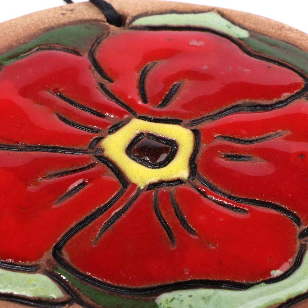 Handcrafted Red Bloom Ceramic Pendant Necklace from Armenia - Petals in Red