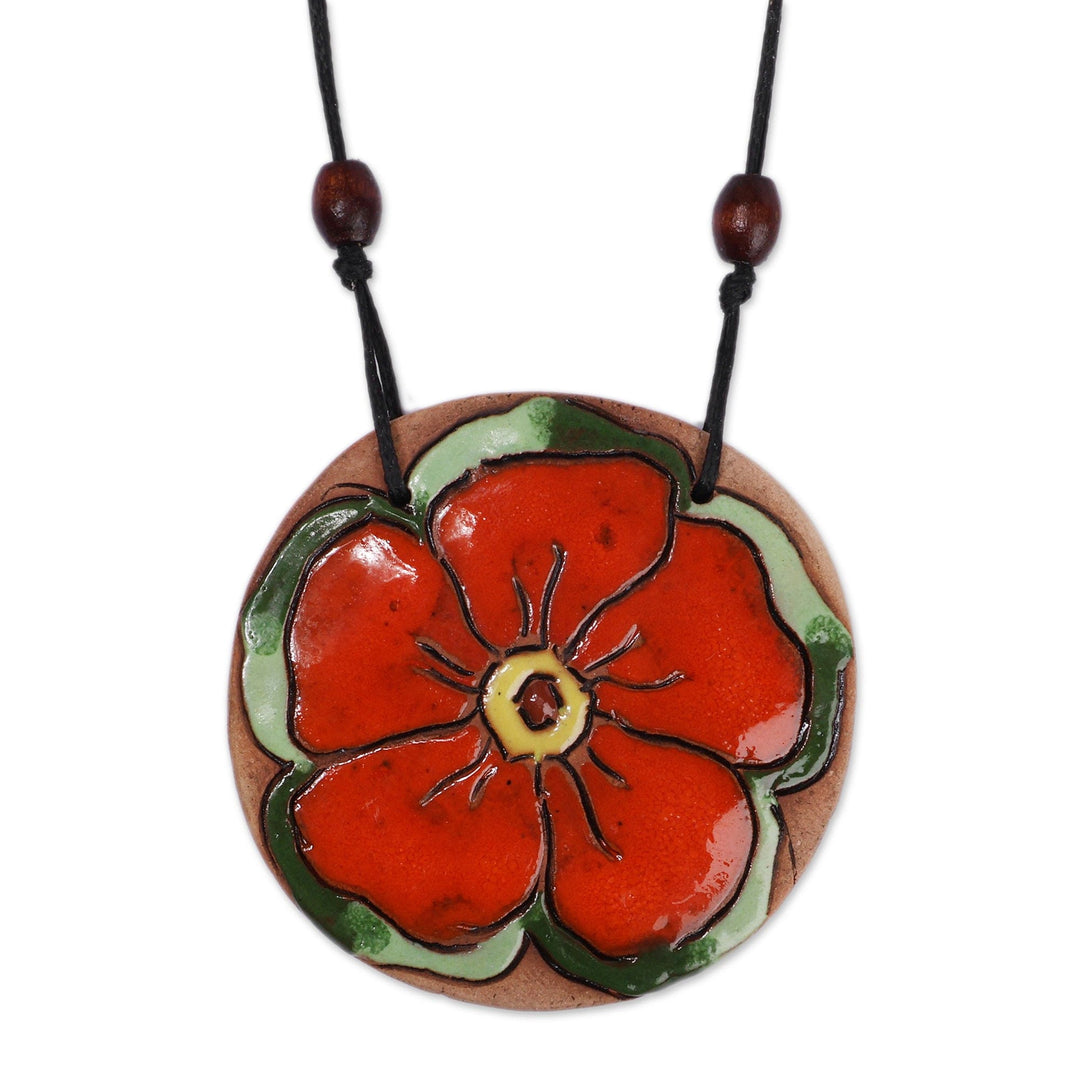 Folk Art Orange Bloom Ceramic Pendant Necklace from Armenia - Petals in Fire