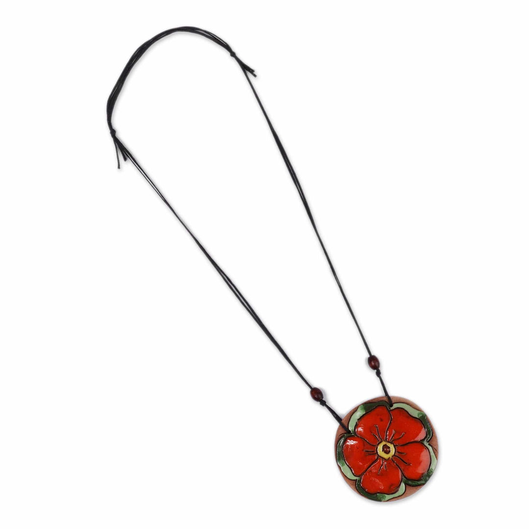 Folk Art Orange Bloom Ceramic Pendant Necklace from Armenia - Petals in Fire