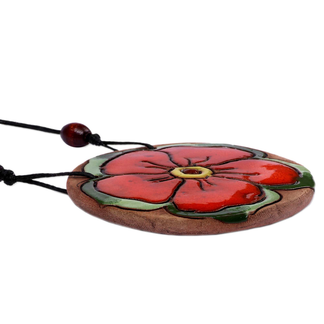 Folk Art Orange Bloom Ceramic Pendant Necklace from Armenia - Petals in Fire