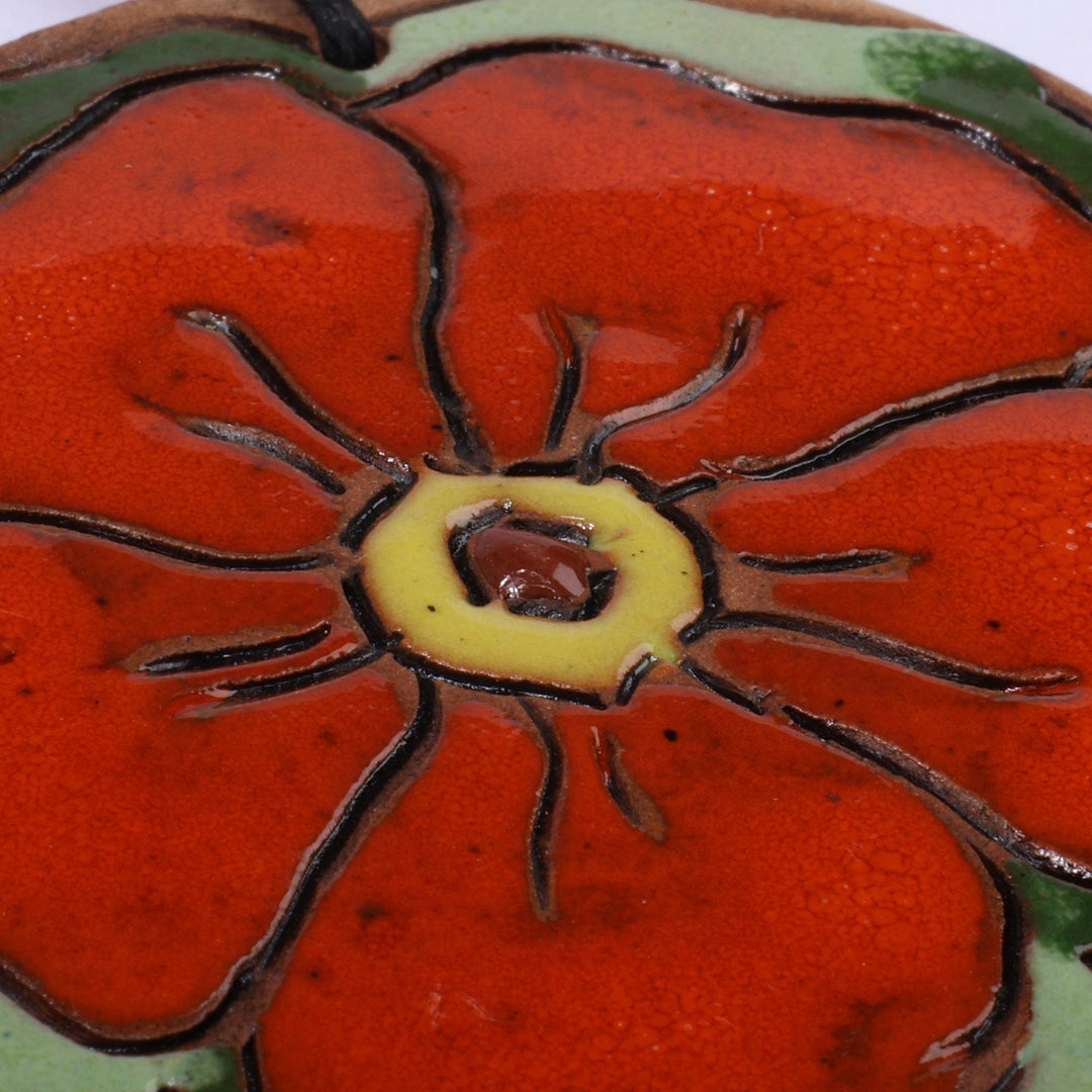 Folk Art Orange Bloom Ceramic Pendant Necklace from Armenia - Petals in Fire