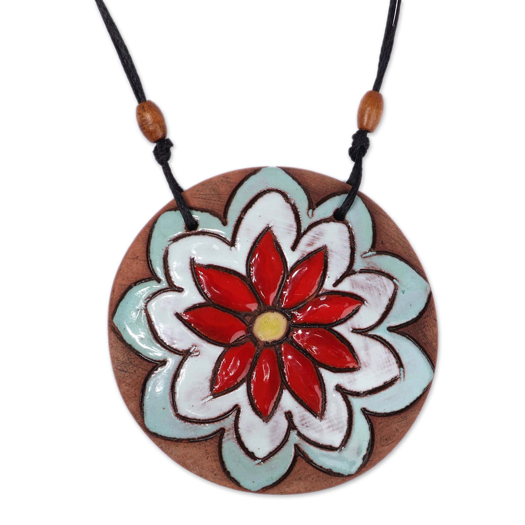 Mint and Red Flower Ceramic Pendant Necklace from Armenia - Petals in Mint