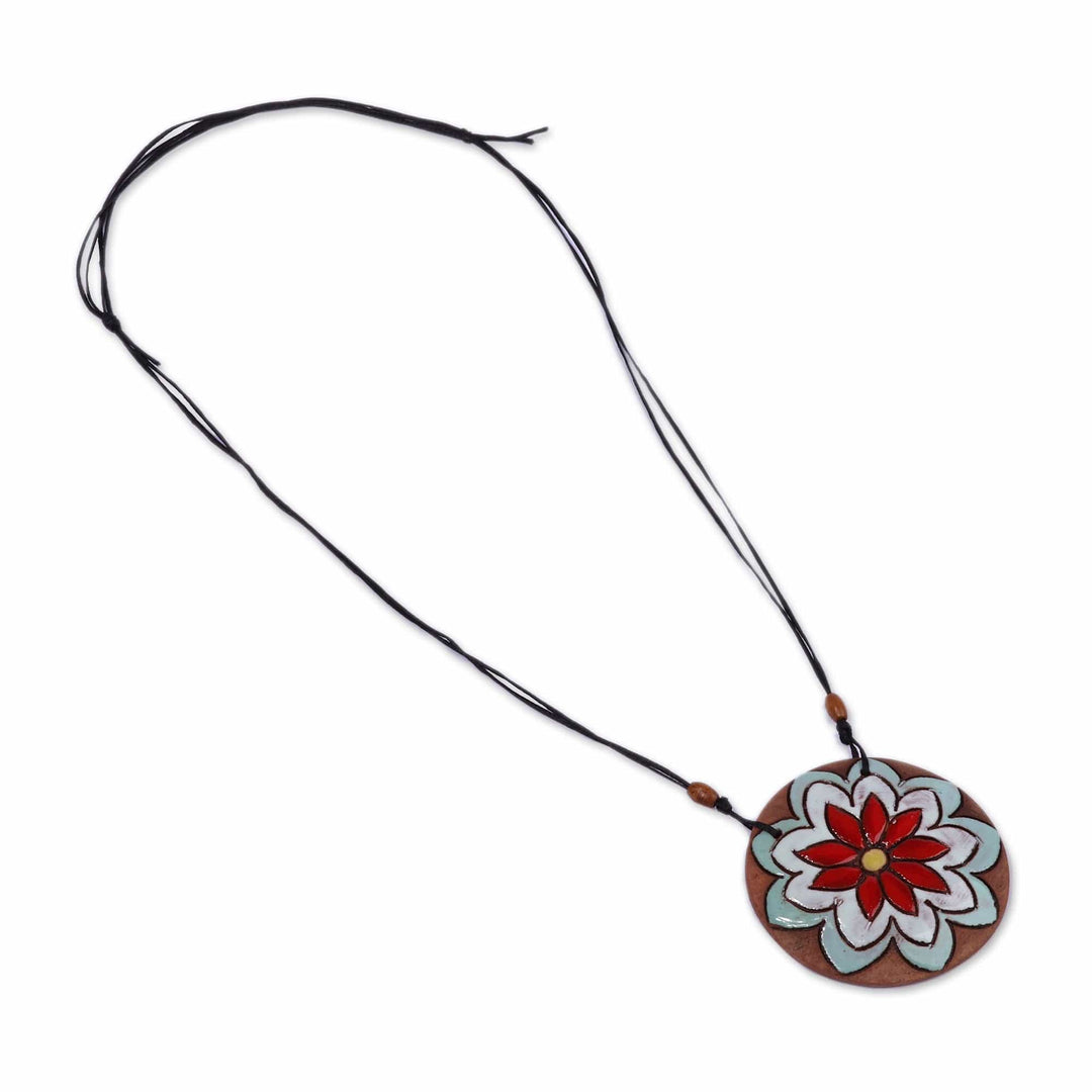 Mint and Red Flower Ceramic Pendant Necklace from Armenia - Petals in Mint